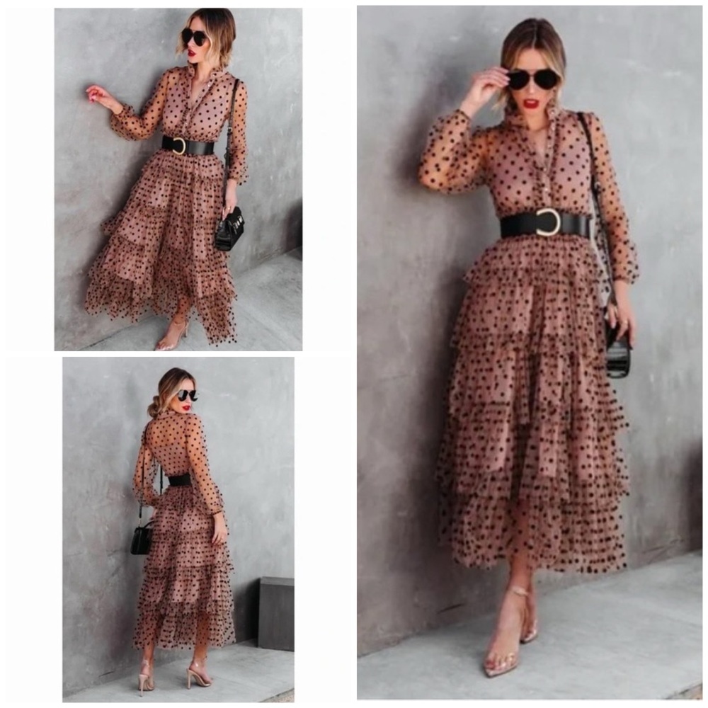 NWT VICI Colllction Mable Polla Dot Boho Ella Tulle Maxi Long Sleeves Dress XS
